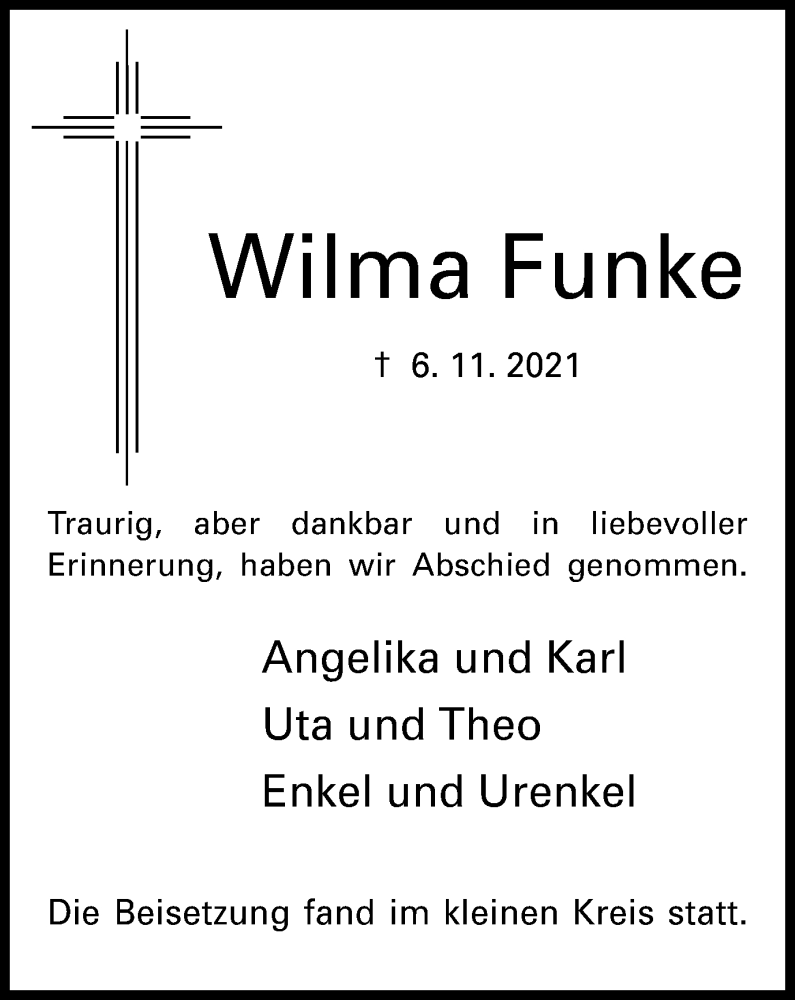  Traueranzeige für Wilma Funke vom 27.11.2021 aus WVW Anzeigenblätter