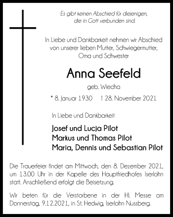 Traueranzeige von Anna Seefeld von WVW Anzeigenblätter