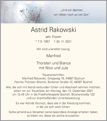 Traueranzeige von Astrid Rakowski von WVW Anzeigenblätter