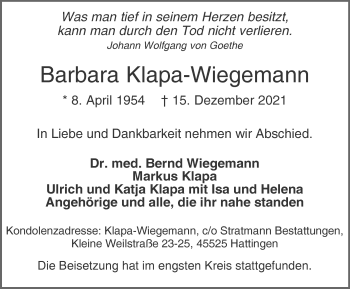Traueranzeige von Barbara Klapa-Wiegemann von WVW Anzeigenblätter