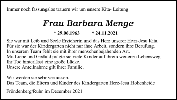 Traueranzeige von Barbara Menge von WVW Anzeigenblätter