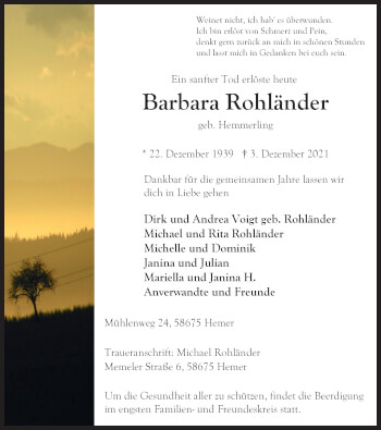 Traueranzeige von Barbara Rohländer von WVW Anzeigenblätter