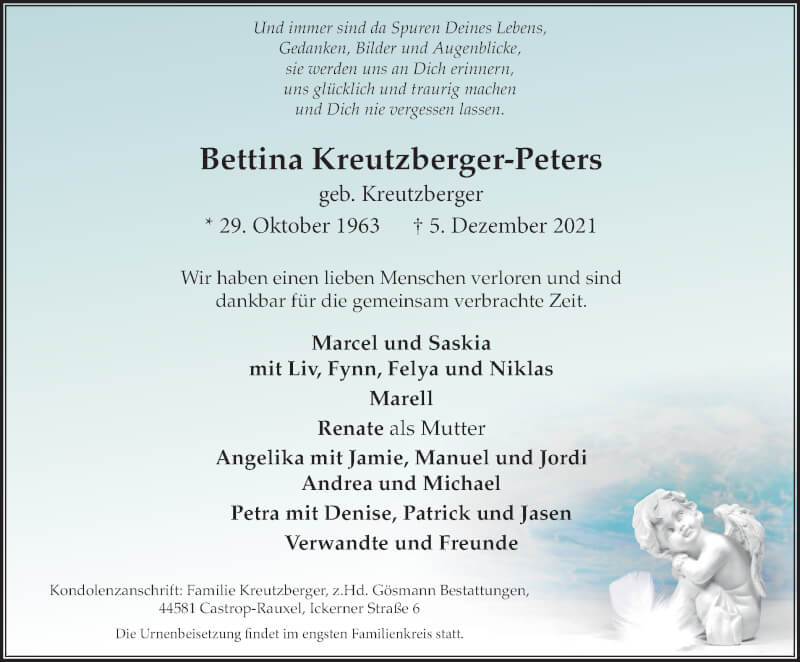  Traueranzeige für Bettina Kreutzberger-Peters vom 11.12.2021 aus WVW Anzeigenblätter