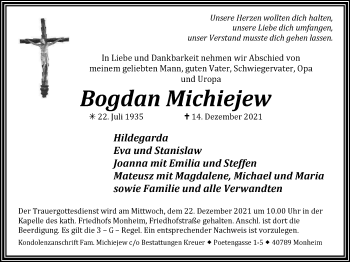 Traueranzeige von Bogdan Michiejew von WVW Anzeigenblätter