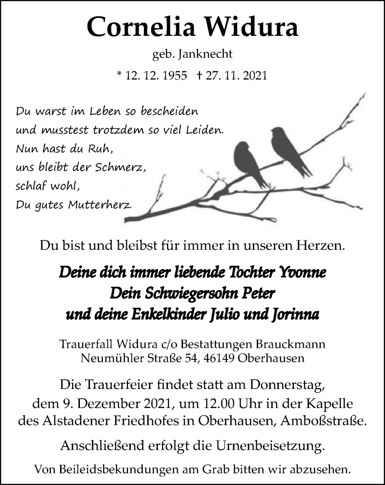  Traueranzeige für Cornelia Widura vom 04.12.2021 aus WVW Anzeigenblätter