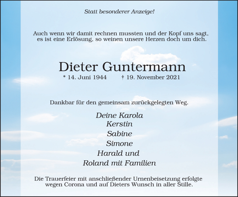 Traueranzeige für Dieter Guntermann vom 04.12.2021 aus WVW Anzeigenblätter