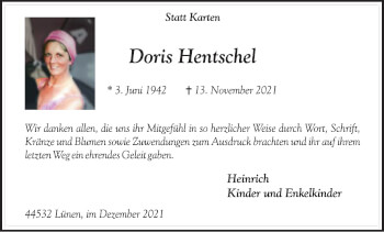 Traueranzeige von Doris Hentschel von WVW Anzeigenblätter