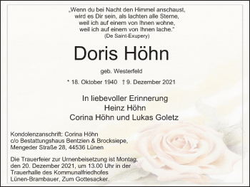 Traueranzeige von Doris Höhn von WVW Anzeigenblätter