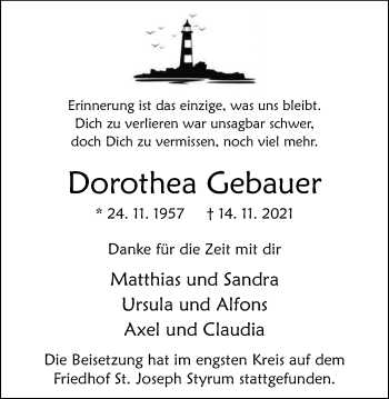 Traueranzeige von Dorothea Gebauer von WVW Anzeigenblätter