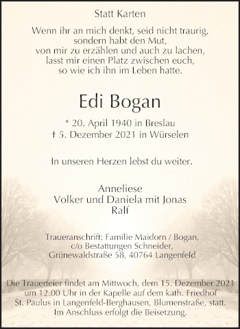 Traueranzeige von Edi Bogan von WVW Anzeigenblätter