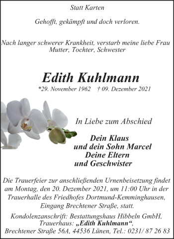 Traueranzeige von Edith Kuhlmann von WVW Anzeigenblätter