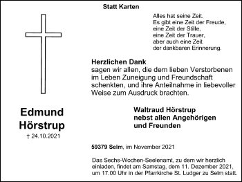 Traueranzeige von Edmund Hörstrup von WVW Anzeigenblätter