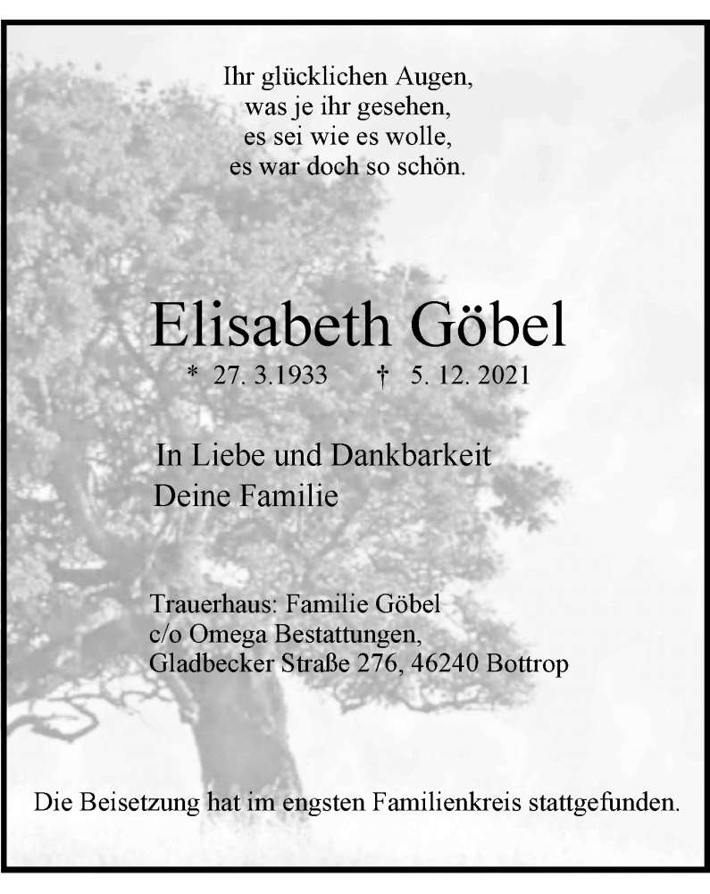  Traueranzeige für Elisabeth Göbel vom 15.12.2021 aus WVW Anzeigenblätter