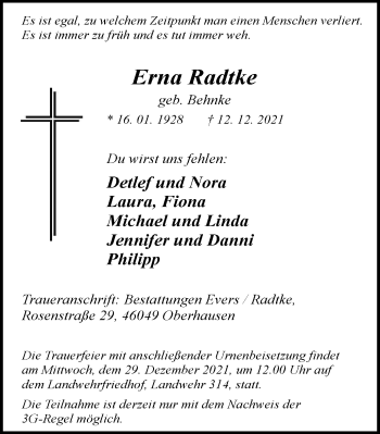 Traueranzeige von Erna Radtke von WVW Anzeigenblätter