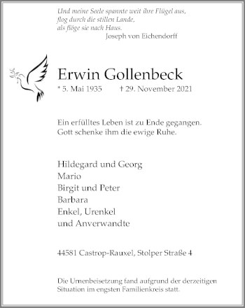 Traueranzeige von Erwin Gollenbeck von WVW Anzeigenblätter