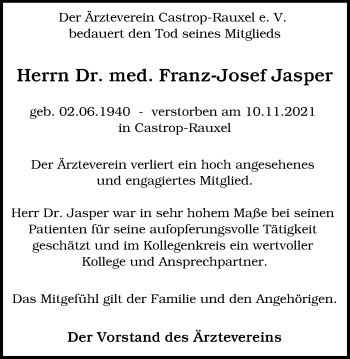 Traueranzeige von Franz-Josef Jasper von WVW Anzeigenblätter