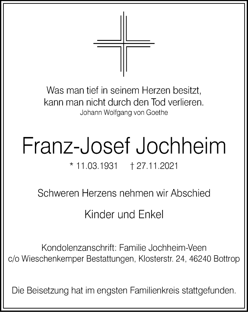  Traueranzeige für Franz-Josef Jochheim vom 04.12.2021 aus WVW Anzeigenblätter