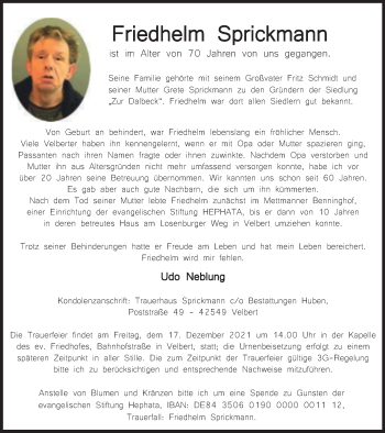 Traueranzeige von Friedhelm Sprickmann von WVW Anzeigenblätter