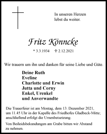 Traueranzeige von Fritz Könncke von WVW Anzeigenblätter
