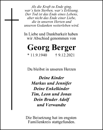 Traueranzeige von Georg Berger von WVW Anzeigenblätter