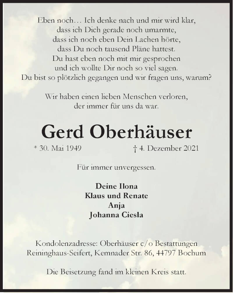  Traueranzeige für Gerd Oberhäuser vom 11.12.2021 aus WVW Anzeigenblätter