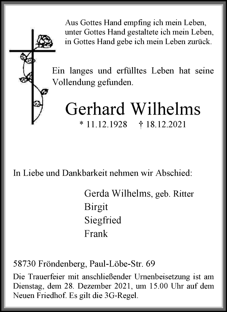  Traueranzeige für Gerhard Wilhelms vom 22.12.2021 aus WVW Anzeigenblätter
