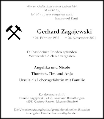 Traueranzeige von Gerhard Zagajewski von WVW Anzeigenblätter