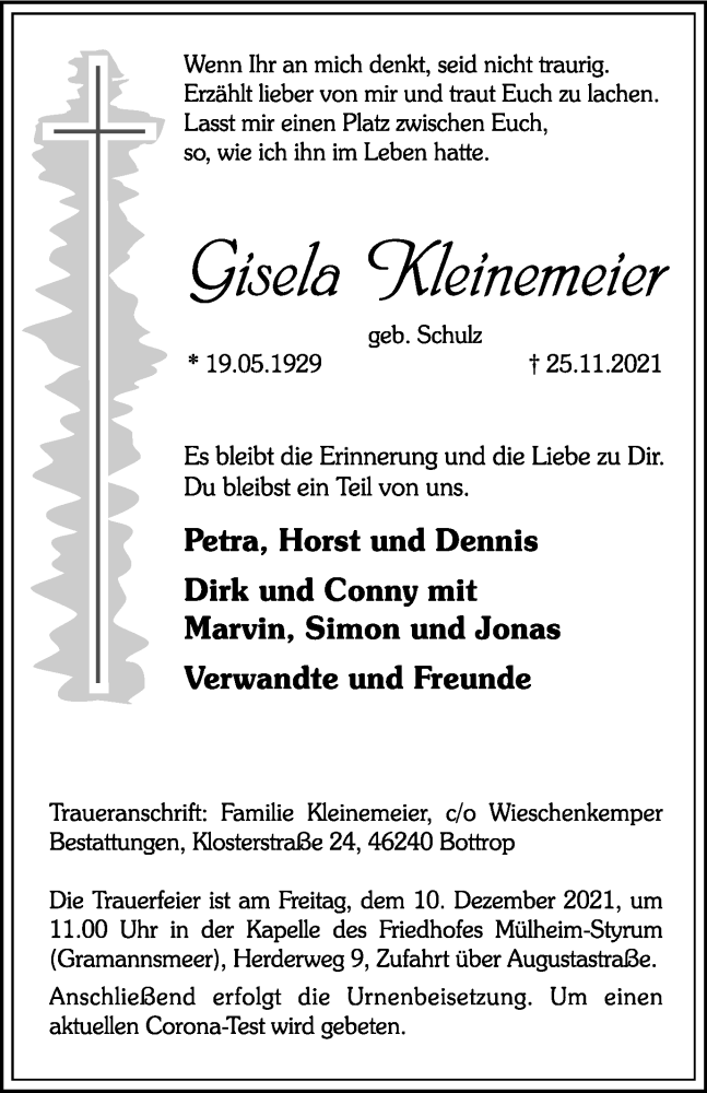  Traueranzeige für Gisela Kleinemeier vom 04.12.2021 aus WVW Anzeigenblätter