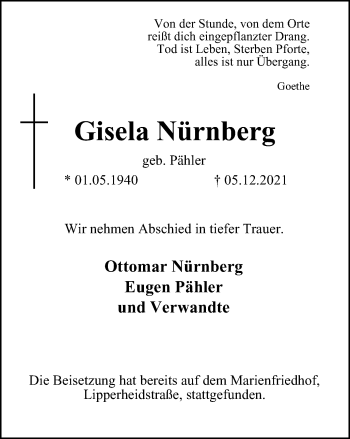 Traueranzeige von Gisela Nürnberg von WVW Anzeigenblätter