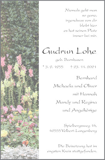 Traueranzeige von Gudrun Lohe von WVW Anzeigenblätter
