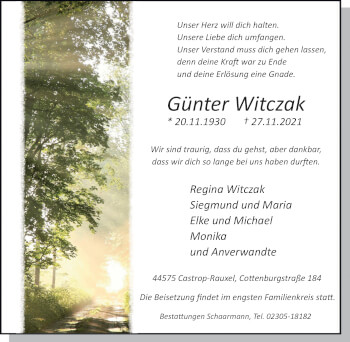 Traueranzeige von Günter Witczak von WVW Anzeigenblätter