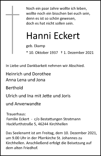 Traueranzeige von Hanni Eckert von WVW Anzeigenblätter