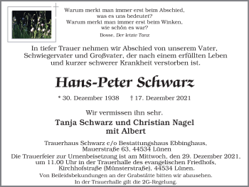 Traueranzeige von Hans-Peter Schwarz von WVW Anzeigenblätter