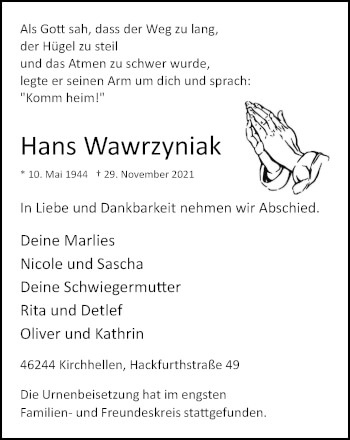 Traueranzeige von Hans Wawrzyniak von WVW Anzeigenblätter