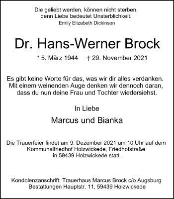 Traueranzeige von Hans-Werner Brock von WVW Anzeigenblätter