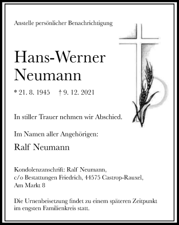 Traueranzeige von Hans-Werner Neumann von WVW Anzeigenblätter