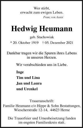 Traueranzeige von Hedwig Heumann von WVW Anzeigenblätter