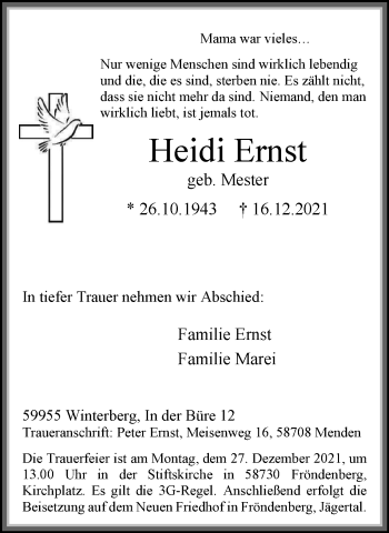 Traueranzeige von Heidi Ernst von WVW Anzeigenblätter