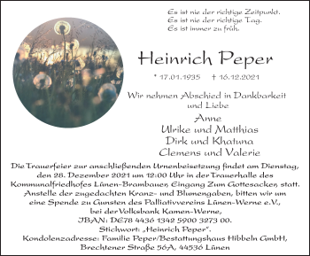 Traueranzeige von Heinrich Peper von WVW Anzeigenblätter