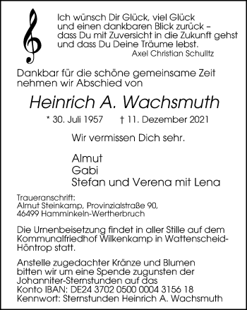 Traueranzeige von Heinrich A. Wachsmuth von WVW Anzeigenblätter