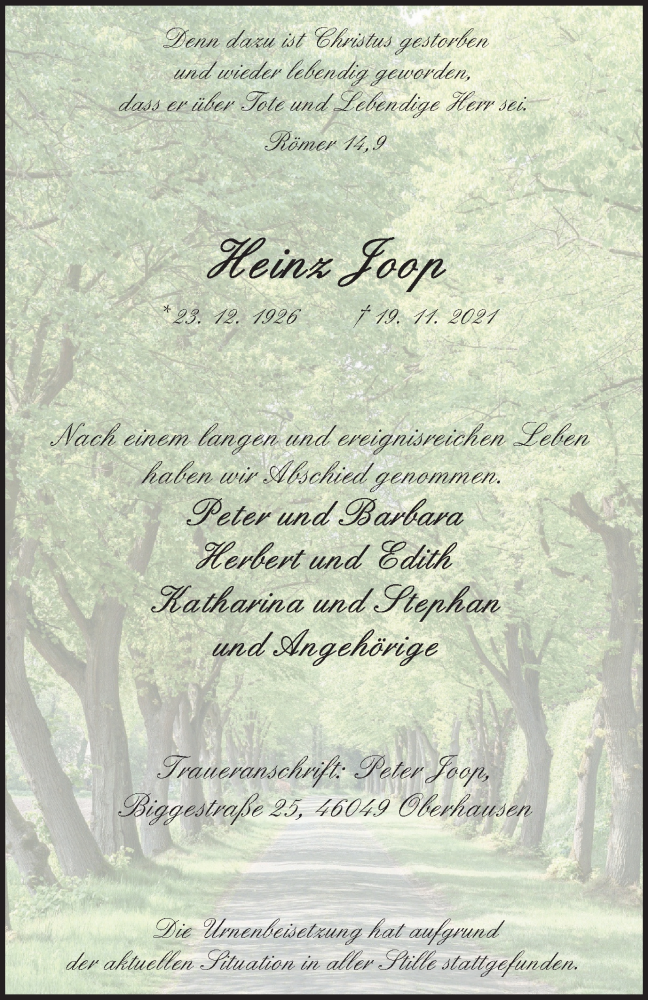  Traueranzeige für Heinz Joop vom 18.12.2021 aus WVW Anzeigenblätter