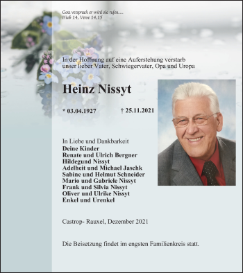 Traueranzeige von Heinz Nissyt von WVW Anzeigenblätter