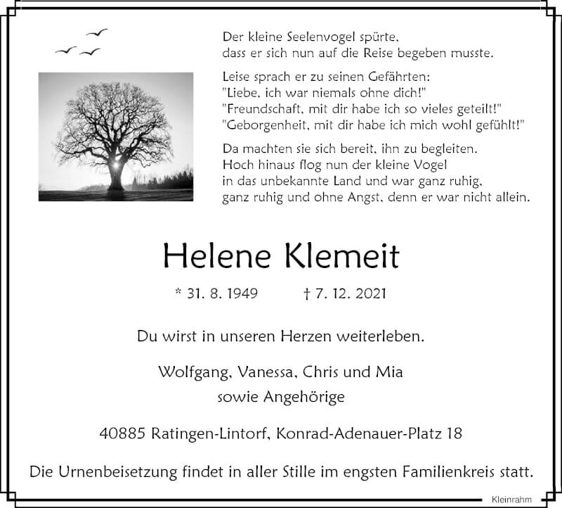  Traueranzeige für Helene Klemeit vom 11.12.2021 aus WVW Anzeigenblätter