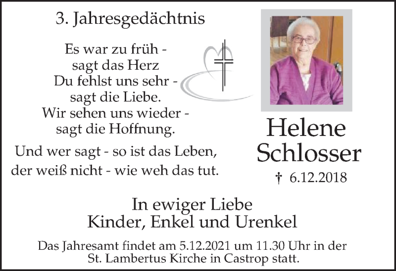 Traueranzeige für Helene Schlosser vom 04.12.2021 aus WVW Anzeigenblätter