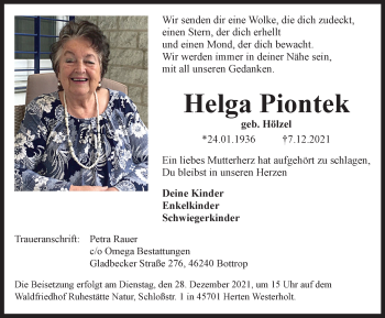 Traueranzeige von Helga Piontek von WVW Anzeigenblätter