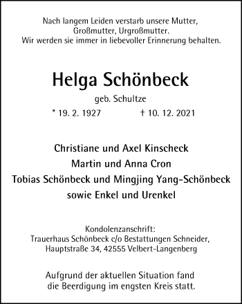 Traueranzeige von Helga Schönbeck von WVW Anzeigenblätter