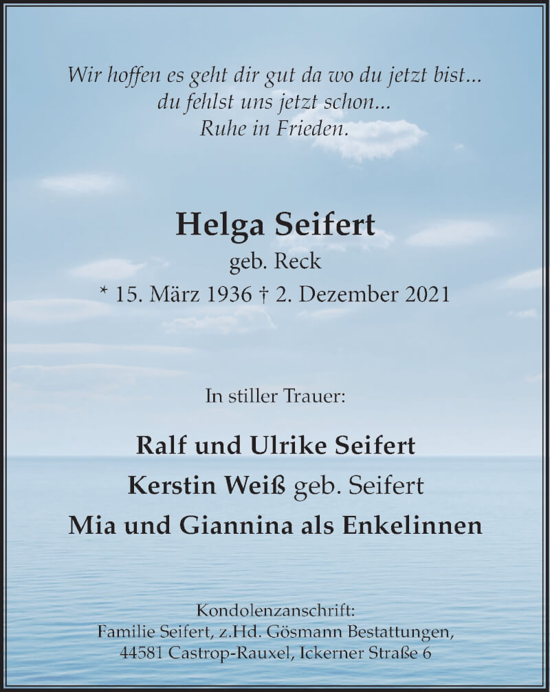  Traueranzeige für Helga Seifert vom 11.12.2021 aus WVW Anzeigenblätter