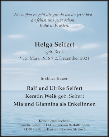 Traueranzeige von Helga Seifert von WVW Anzeigenblätter