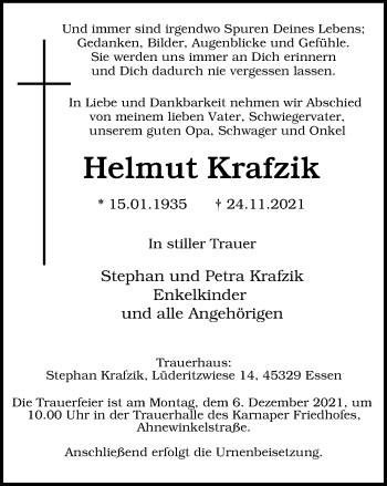 Traueranzeige von Helmut Krafzik von WVW Anzeigenblätter