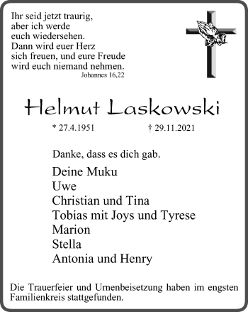Traueranzeige von Helmut Laskowski von WVW Anzeigenblätter